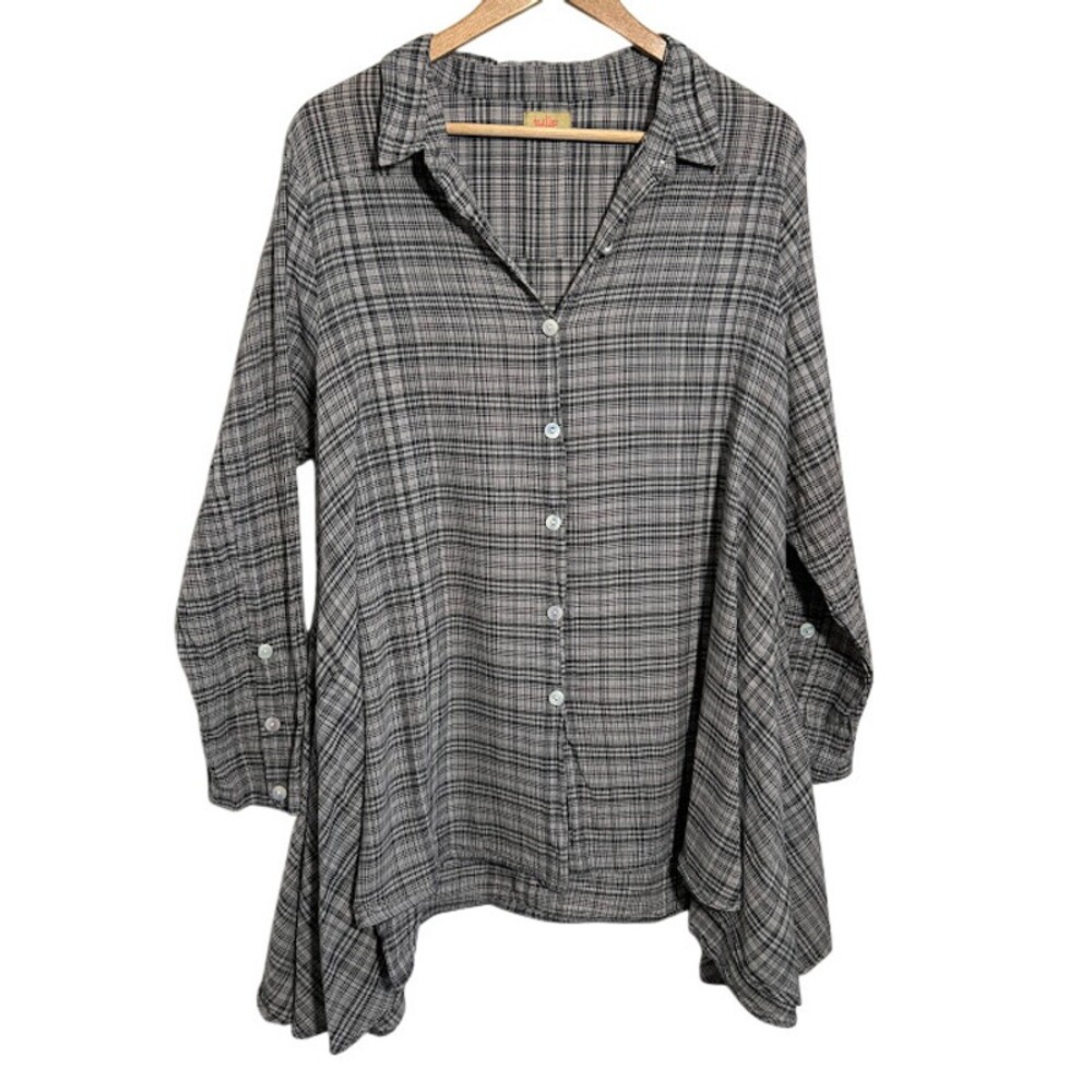 Tulip Brand Tunic Button Down Shirt L Black White Lagenlook Long Sleeve Collar
